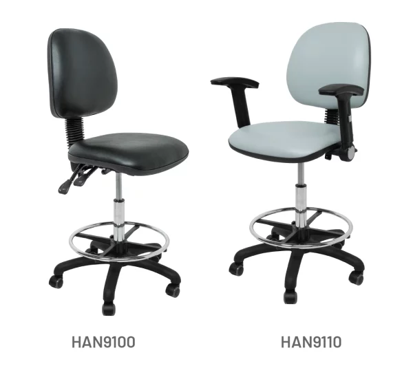 Meditelle Dental Traditional High Back Chairs upholstered in Black and Dove anti-microbial vinyl. Product shown with and without arms.