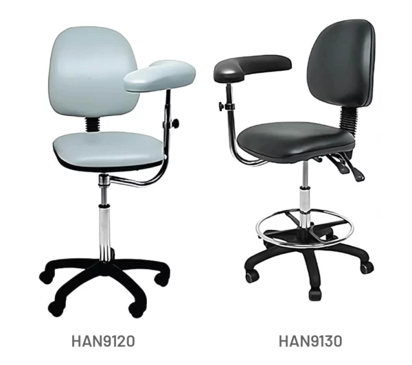 Meditelle Dental Traditional High Back Chairs with Torso Arm upholstered in Dove and Black anti-microbial vinyl. Product shown with and without footrest.