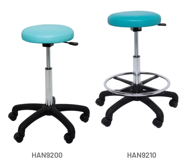 Meditelle Dental, Stools with black bases shown in aqua and ocean anti-microbial vinyl options. Stools shown with and without footrests
