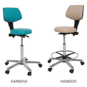 Meditelle Dental, Dental Operators Stools shown in ocean and taupe anti-microbial vinyl options. Chairs shown with and without footrests