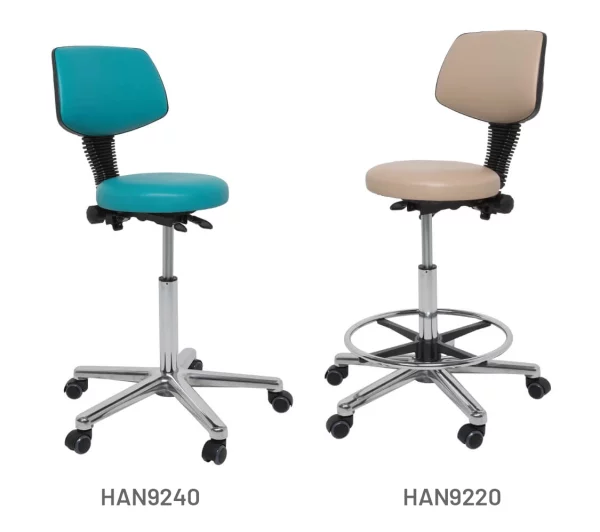 Meditelle Dental, Dental Operators Stools shown in ocean and taupe anti-microbial vinyl options. Chairs shown with and without footrests