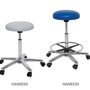Meditelle Dental, Stools shown in royal and white anti-microbial vinyl options. Chairs shown with and without footrests