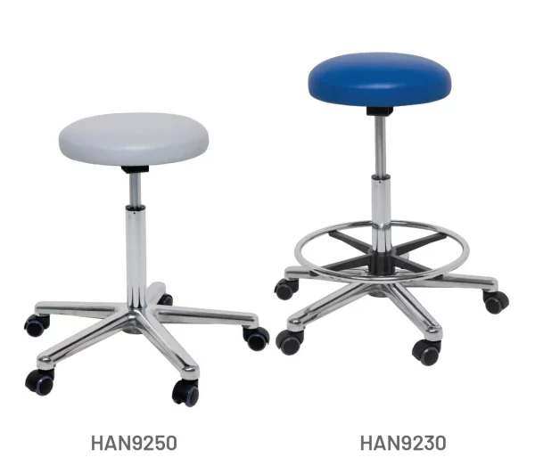 Meditelle Dental, Stools shown in royal and white anti-microbial vinyl options. Chairs shown with and without footrests