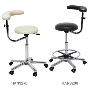 Meditelle Dental, Dental Operators Stools with torso arm shown in black and white anti-microbial vinyl options. Chairs shown with and without footrests