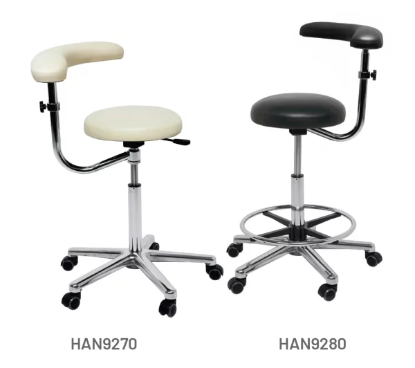 Meditelle Dental, Dental Operators Stools with torso arm shown in black and white anti-microbial vinyl options. Chairs shown with and without footrests