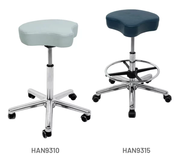 Meditelle Dental Tri-Shaped Stools shown in Dove and Navy anti-microbial vinyl upholstery. Product shown with and without optional footrest.