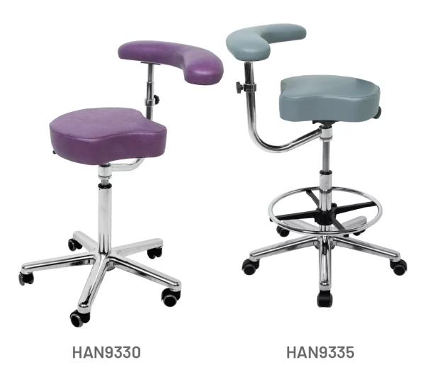 Tri-Shaped Stools with Torso Arm shown in Mulberry and Grey anti-microbial vinyl upholstery. Product shown with and without footrest