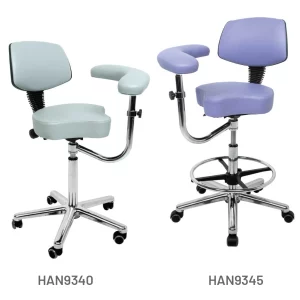 Meditelle Dental Tri-Shaped Chairs with Torso Arm shown in white and lilac anti-microbial vinyl.