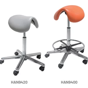 Meditelle Dental Standard Saddle Stools upholstered in Dove and Ginger anti-microbial vinyl. Product shown with and without footrest.