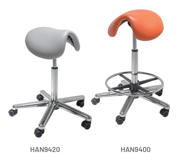 Meditelle Dental Standard Saddle Stools upholstered in Dove and Ginger anti-microbial vinyl. Product shown with and without footrest.