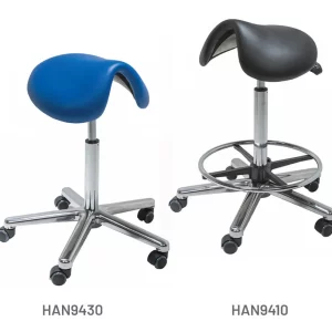 Meditelle Dental Tilting Saddle Stools upholstered in Royal and Black anti-microbial vinyl. Product shown with and without footrest.
