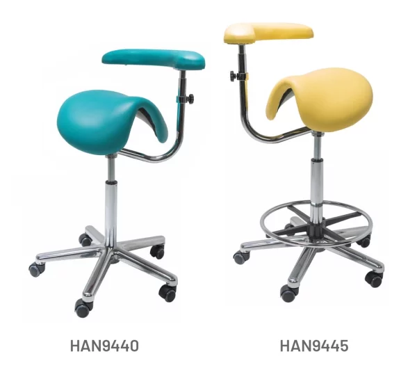 Meditelle Dental Tilt Saddle Stools with Torso Arm upholstered in Ocean and Buttercup anti-microbial vinyl. Product shown with and without foot rest.