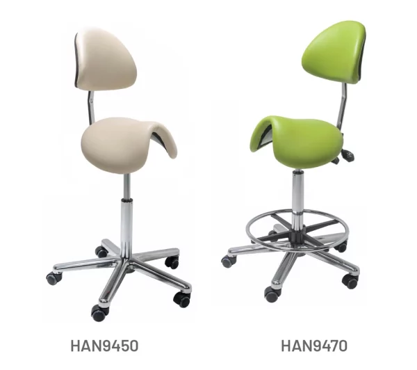 Meditelle Dental Tilt Saddle Chairs upholstered in Citrus and Stone anti-microbial vinyl. Product shown with and without footrest.
