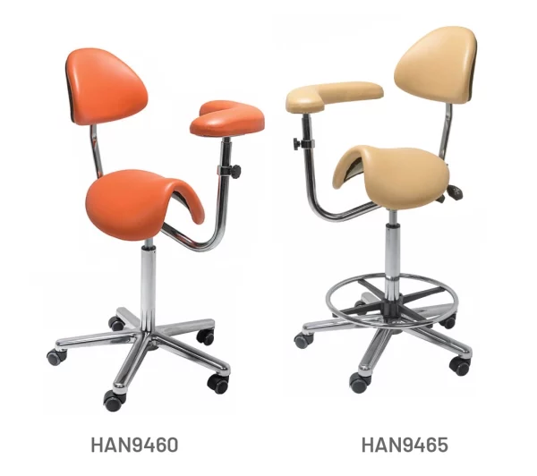 Meditelle Dental Tilt Saddle Chair with Torso Arm upholstered in Ginger and Barley anti-microbial vinyl. Product shown with and without footrest.