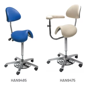 Meditelle Dental Surgeons Foot Operated Tilt Saddle Chairs upholstered in Royal and Stone anti-microbial vinyl. Product shown with and without torso/arm support.