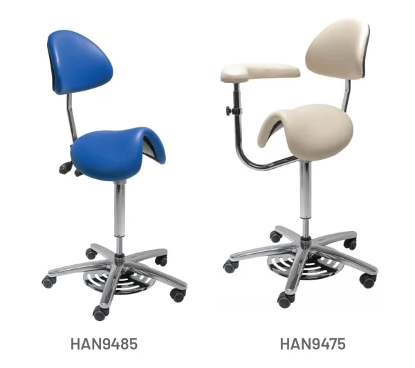 Meditelle Dental Surgeons Foot Operated Tilt Saddle Chairs upholstered in Royal and Stone anti-microbial vinyl. Product shown with and without torso/arm support.