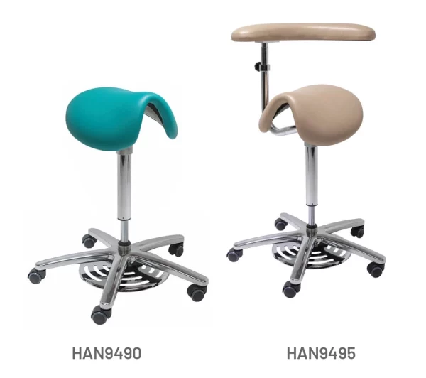 Meditelle Dental Surgeons Foot Operated Tilt Saddle Stools upholstered in Ocean and Taupe anti-microbial vinyl. Product shown with and without torso arm support.