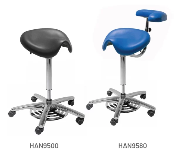 Meditelle Dental Surgeons Foot Operated Medi Saddle Stools upholstered in Black and Royal anti-microbial vinyl. Product shown with and without arm support.