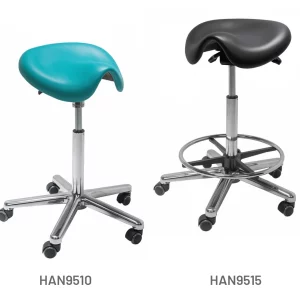 Meditelle Dental Medi Saddle Stools upholstered in Ocean and Black anti-microbial vinyl. Product shown with and without footrest.