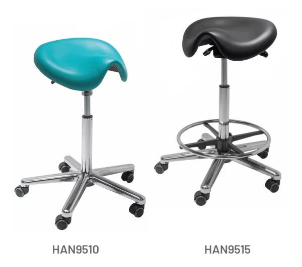 Meditelle Dental Medi Saddle Stools upholstered in Ocean and Black anti-microbial vinyl. Product shown with and without footrest.