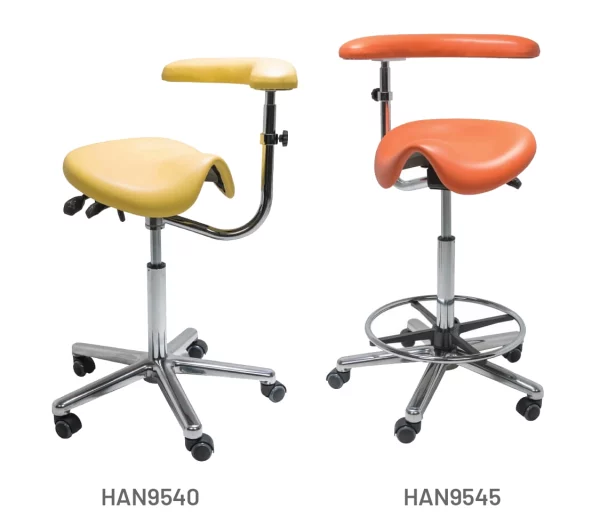 Meditelle Dental Medi Saddle Stools with Torso Arm upholstered in Buttercup and Ginger anti-microbial vinyl. Product shown with and without footrest.