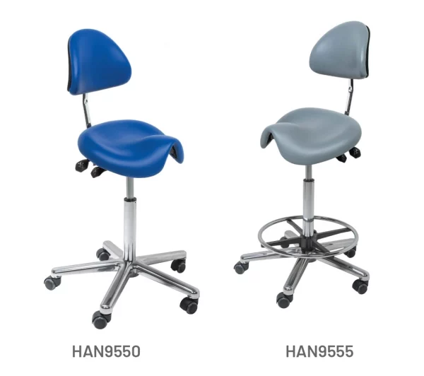 Meditelle Dental Medi Tilt Saddle Chairs upholstered in Royal and Grey anti-microbial vinyl. Product shown with and without footrest.