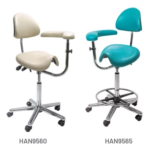 Meditelle Dental Medi Saddle Chairs with Torso Arm upholstered in White and Ocean anti-microbial vinyl. Shown with and without optional footrest.