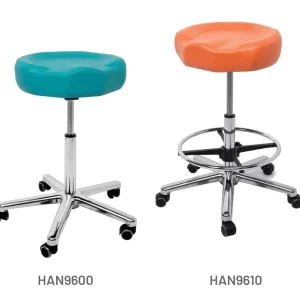 Meditelle Dental Tilt Contour Stools upholstered in Ginger and Ocean anti-microbial vinyl. Shown with and without optional footrest.
