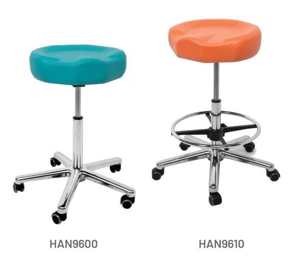 Meditelle Dental Tilt Contour Stools upholstered in Ginger and Ocean anti-microbial vinyl. Shown with and without optional footrest.