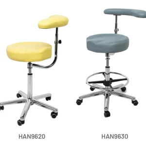 Meditelle Dental Tilt Contour Stools with Torso Arm upholstered in Buttercup and Grey anti-microbial vinyl. Shown with and without footrest.