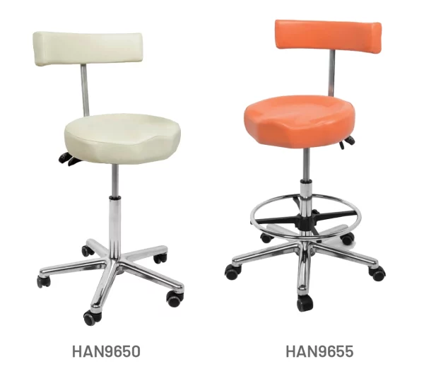 Tilt Contour Chairs upholstered in White and Ginger anti-microbial vinyl. Product shown with and without footrest.