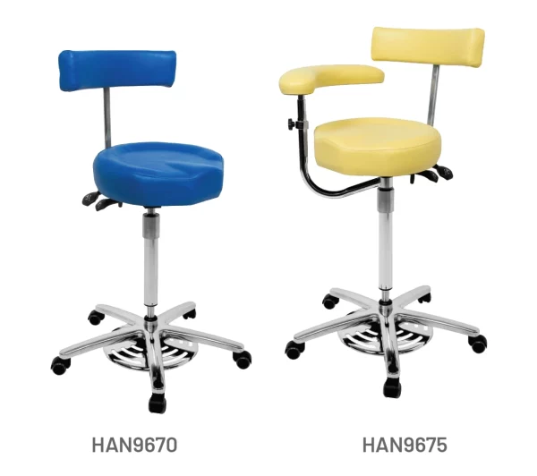 Surgeons Foot Operated Tilt Contour Chairs upholstered in Buttercup and Royal anti-microbial vinyl.