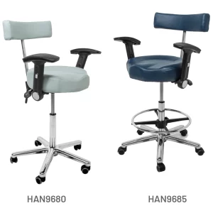 Meditelle Dental Tilt Contour Chairs with Arms shown in Dove and Navy anti-microbial vinyl upholstery. Product shown with and without foot rest