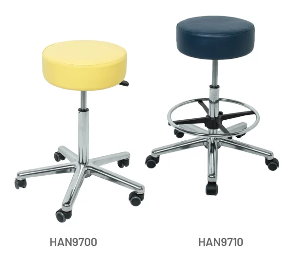 Meditelle Dental - Dental Operator Tub Stools shown in Buttercup and Navy anti-microbial vinyl. Products shown with and without optional footrest.