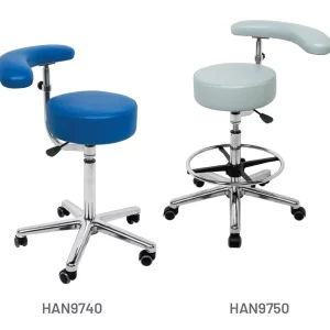 Meditelle Dental Dental Tub Stools with Torso Arm upholstered in Royal and Dove anti-microbial vinyl. Product shown with and without footrest.