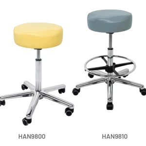 Meditelle Dental Shaped Tub Stools upholstered in Buttercup and Grey anti-microbial vinyl. Product shown with and without footrest.