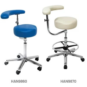 Meditelle Dental Shaped Tub Stools with Torso Arm upholstered in Royal and Stone anti-microbial vinyl. Product shown with and without footrest.