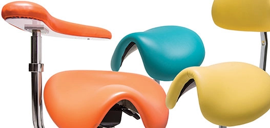 Saddle Seat Trial Button / Header Image showing 3 Saddle Seats upholstered in Ocean, Ginger and Buttercup anti-microbial vinyl.