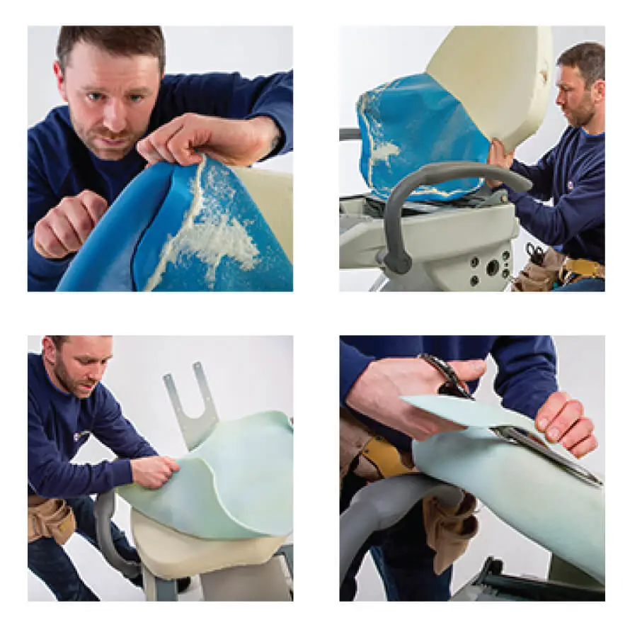 Meditelle Dental employee conducting re-upholstery of a dental chair. Collage shows four different stages of on-site re-upholstery.