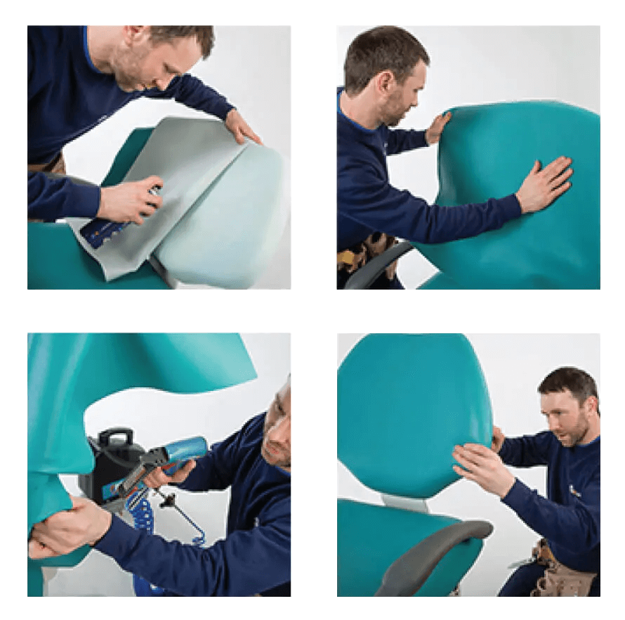 Meditelle Dental employee conducting re-upholstery of a dental chair. Collage shows four different stages of re-upholstery.