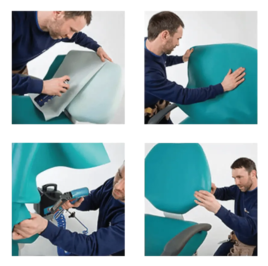Meditelle Dental employee conducting re-upholstery of a dental chair. Collage shows four different stages of re-upholstery.