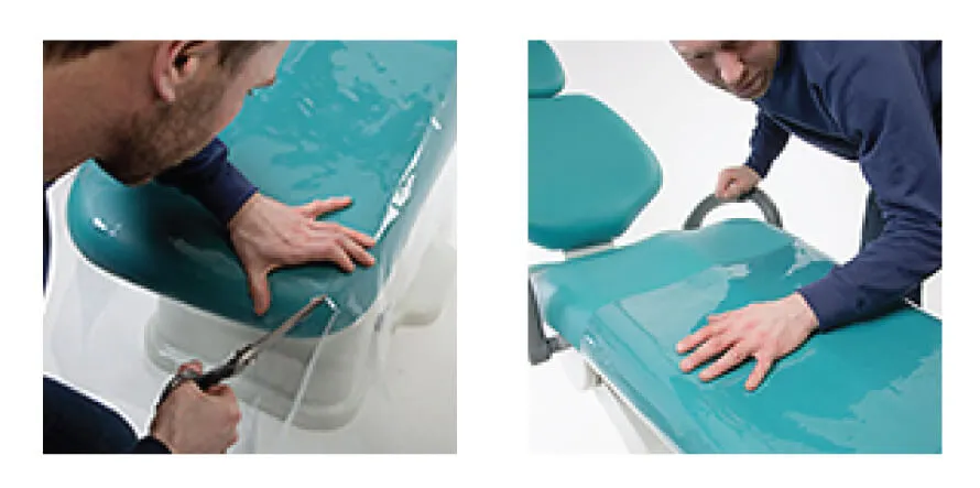 Meditelle Dental employee conducting re-upholstery of a dental chair. Collage shows two different stages of re-upholstery.